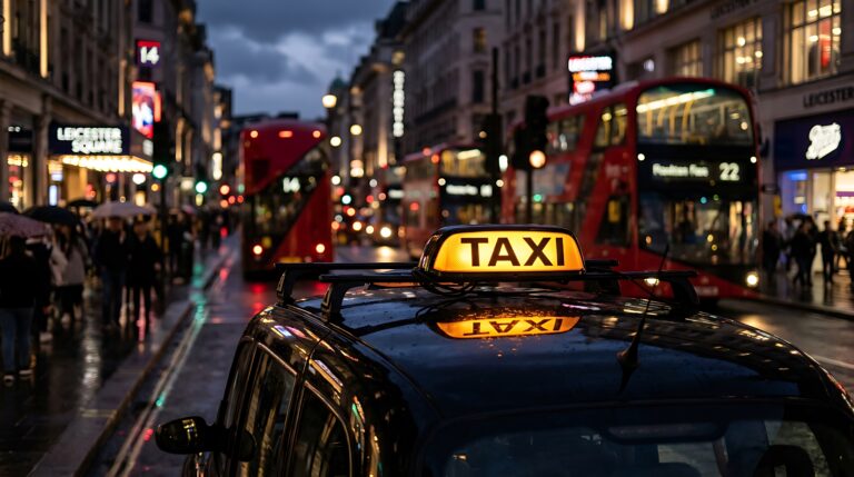 London black cab with its taxi light on, parked on a wet street at night near Leicester Square, with red buses behind